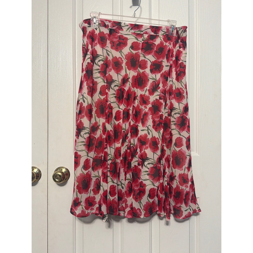 Jaclyn Smith Red Poppy Floral Midi Skirt Plus Size 1X Chiffon A-Line Red White